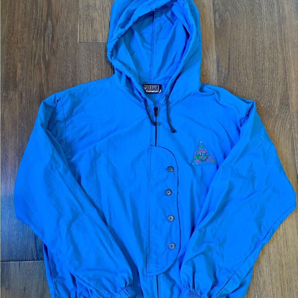 VINTAGE 80s Blue DOVE Activewear, Medium, Windbreaker Hooded, Surfer